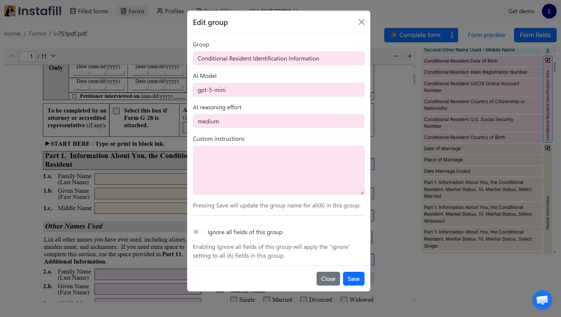 Group-level AI settings showing model selection, reasoning effort, and custom instructions