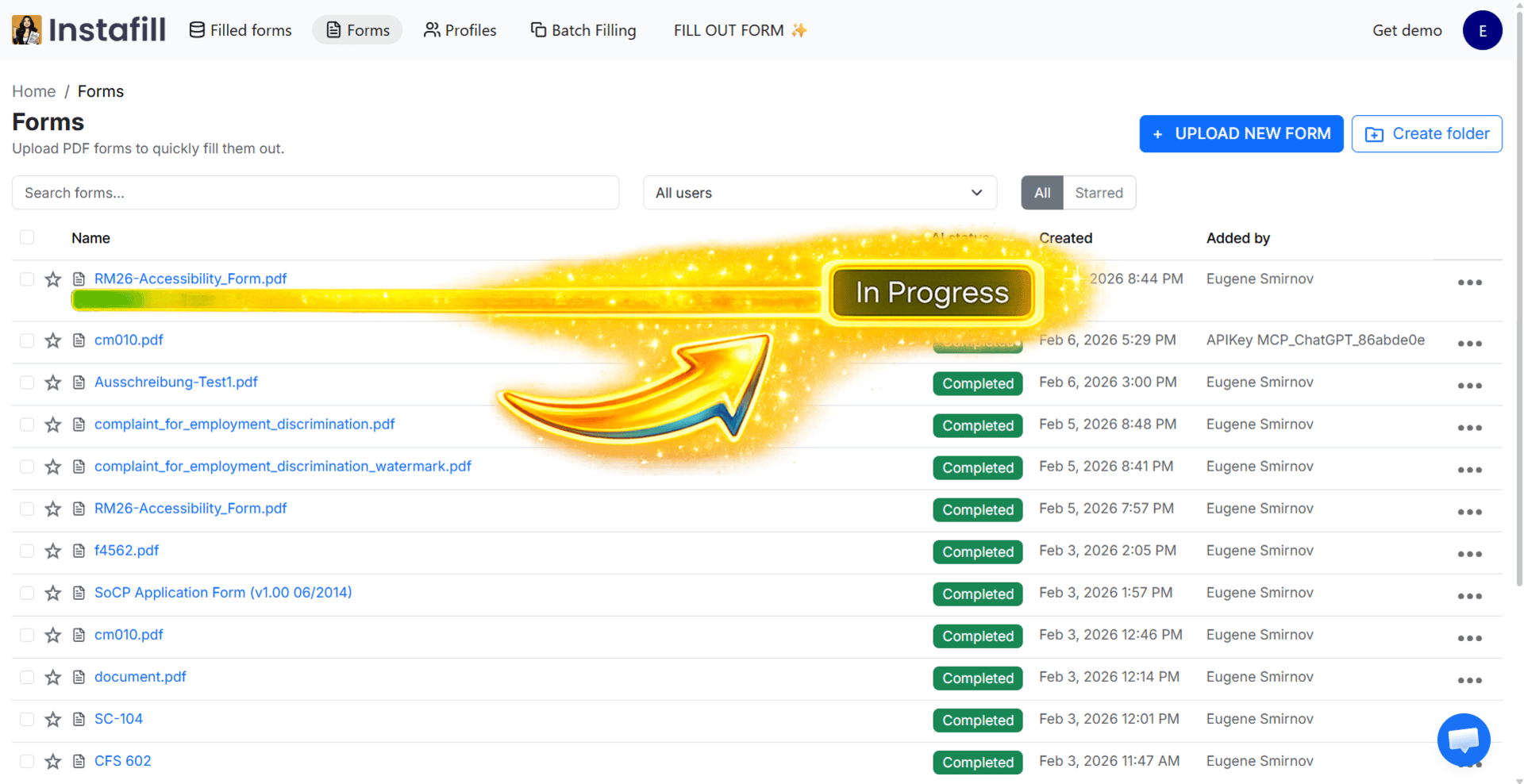 Fine-tuning status on Forms list showing In Progress and Completed states