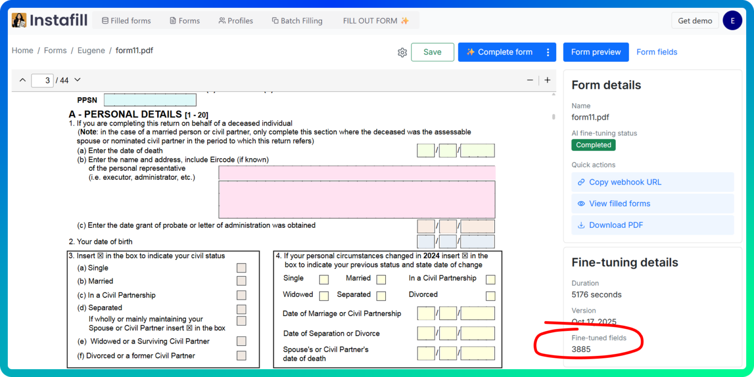 Ireland Form 11 tax return in Instafill.ai showing 3,885 fine-tuned fields across 44 pages