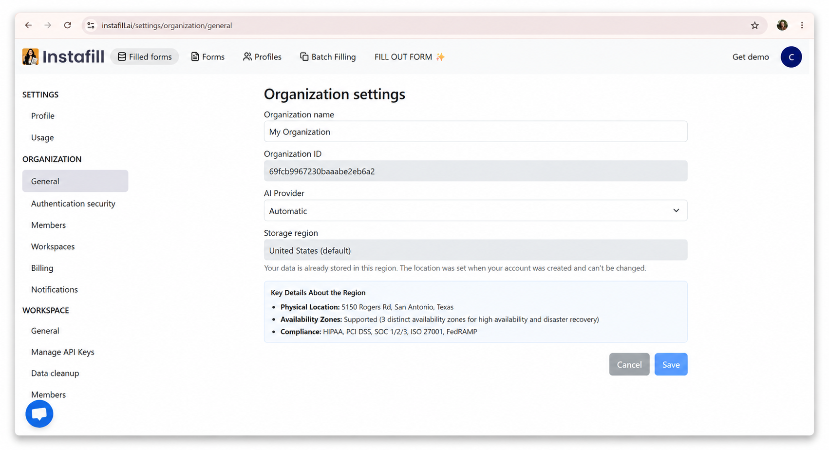 Storage region shown on the Instafill.ai Organization settings page