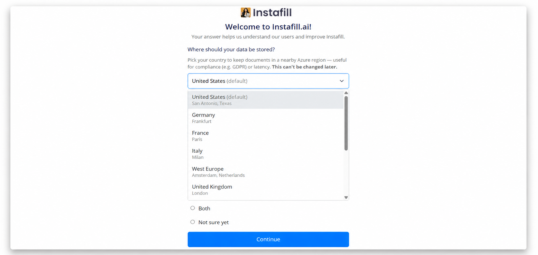 Storage region picker on the Instafill.ai welcome screen