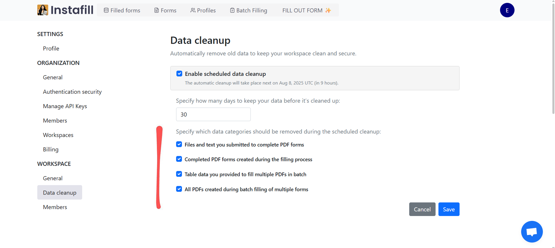 Data cleanup settings page in Instafill.ai - enable scheduled cleanup, set retention period in days, and select data categories