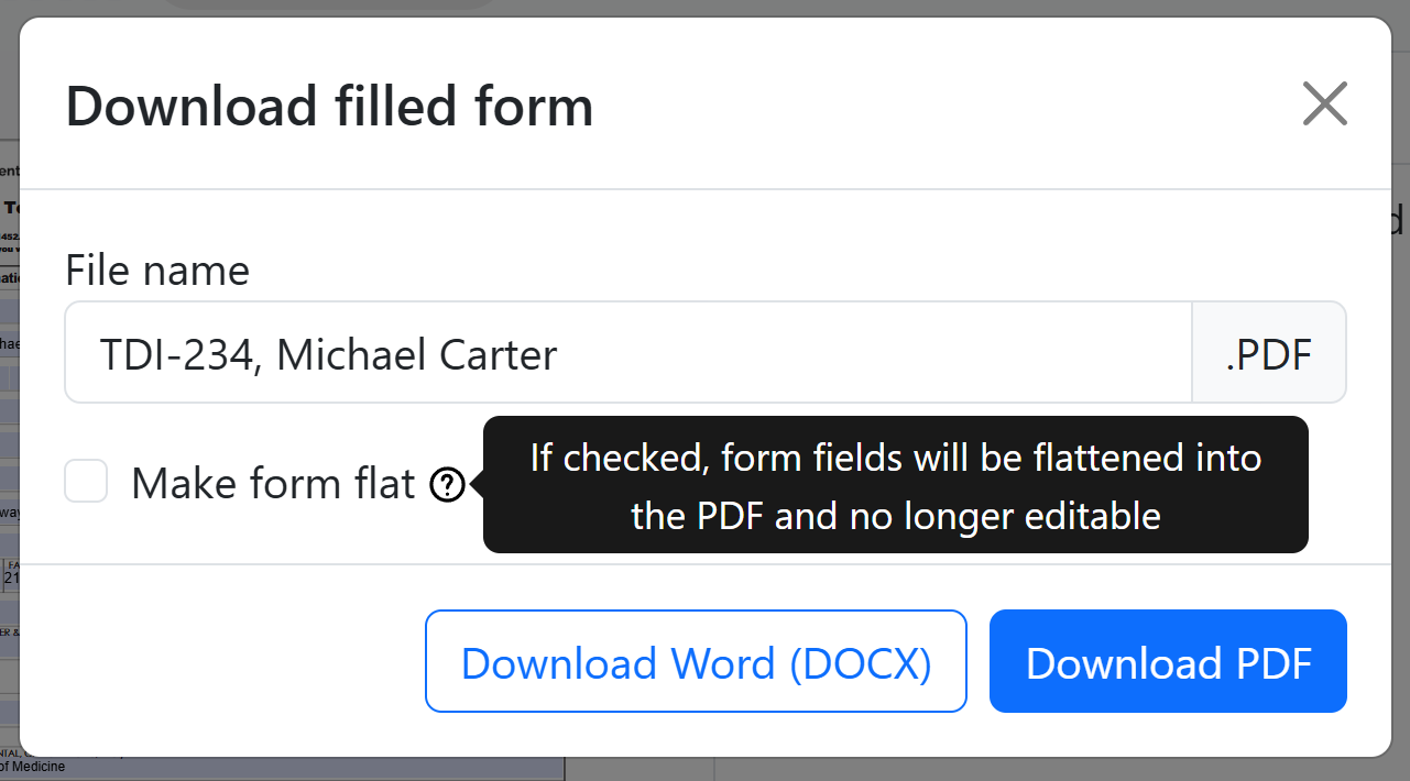 Download filled form dialog showing PDF and Word export options with Make form flat checkbox