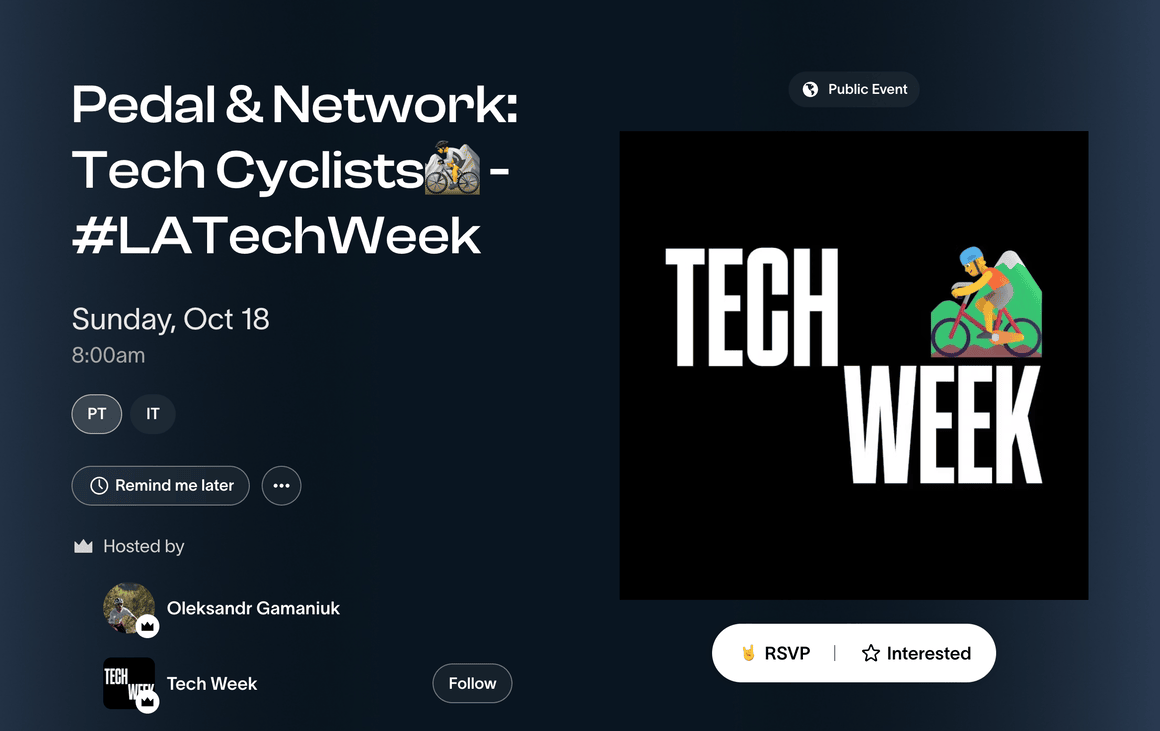 Partiful page for the 2026 Pedal & Network ride, showing the Tech Week artwork