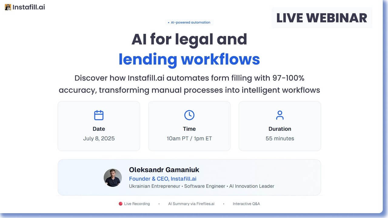 Title card for the AI for legal and lending workflows webinar